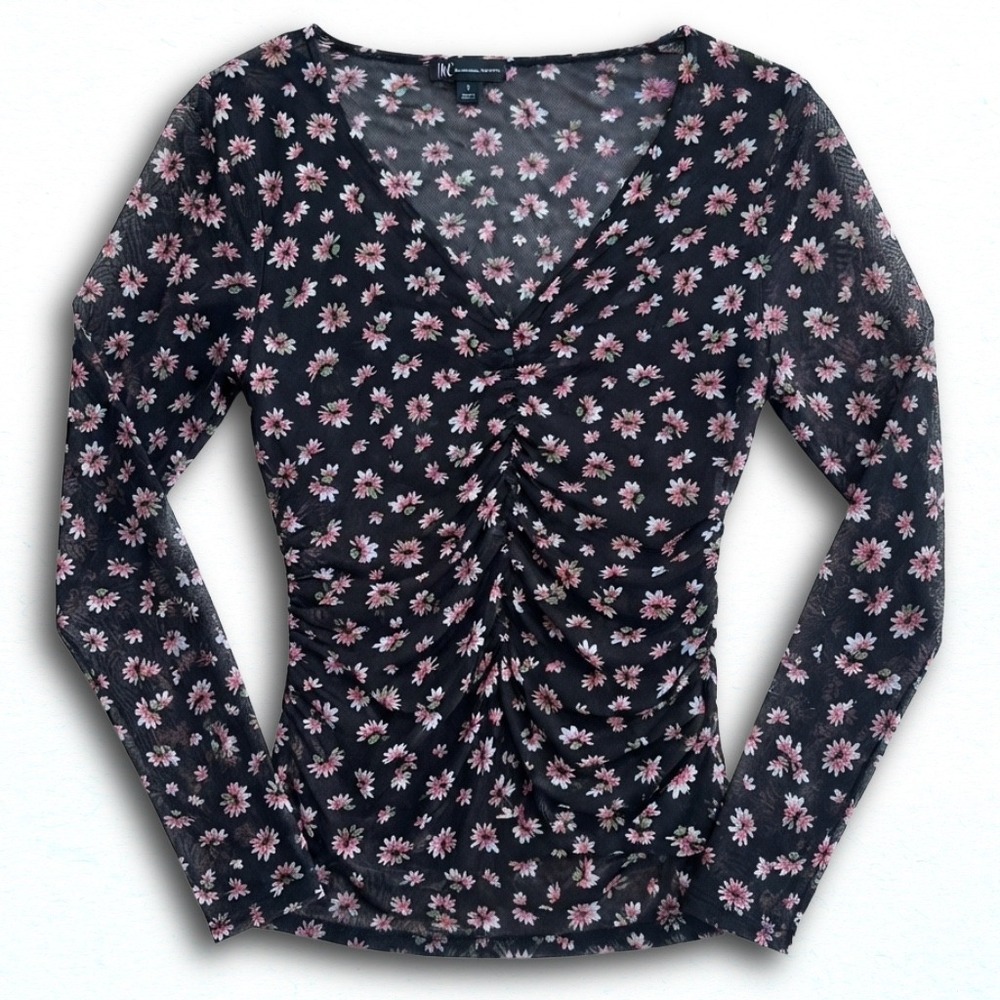 INC International Concepts Womens Floral Mesh Ruched V-Neck Top Small Black Pink
